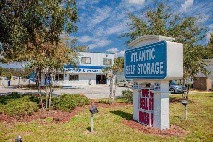 Front entrance and parking lot at the Shad RV storage facility of Atlantic Self Storage