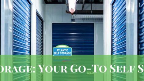 A storage hallway with blue unit doors