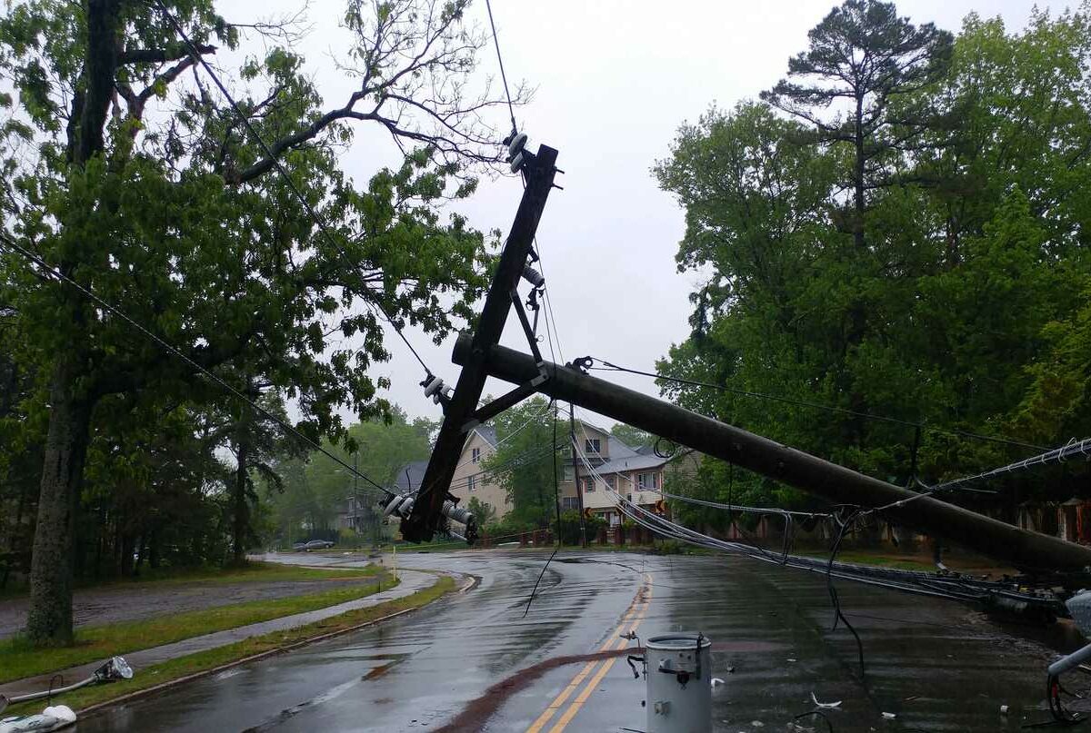 Transformer on an electric pole and a tree laying across power lines over a road after Hurricane.