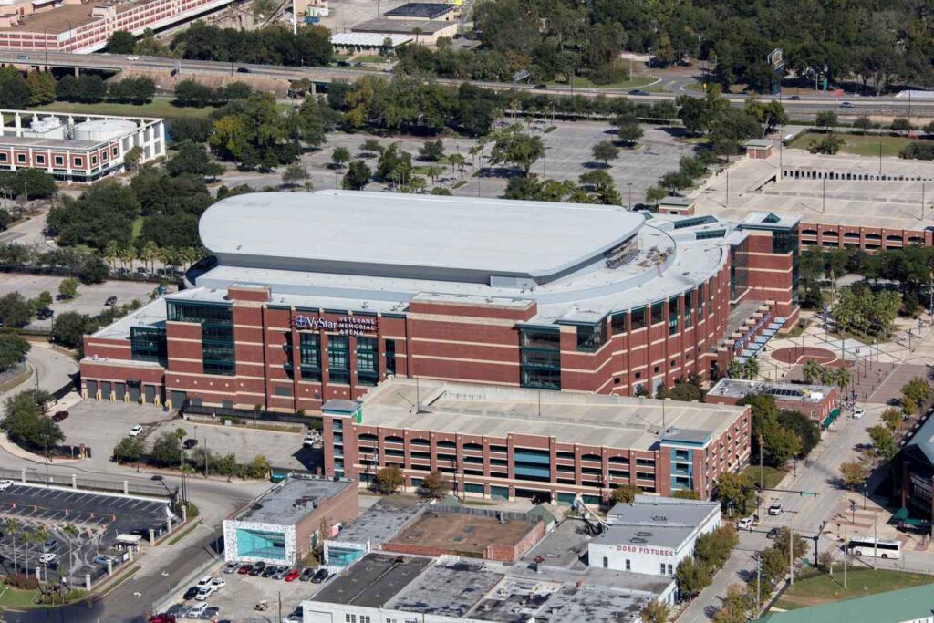 An aerial view of Vystar Veterans Memorial Arena in Jacksonville, FL.