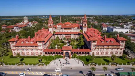 Aerial view of the St. Augustine, the oldest town in USA. Also pictured are the castle of San Marcos National Monument, Flagler College, and the Matanzas Bay