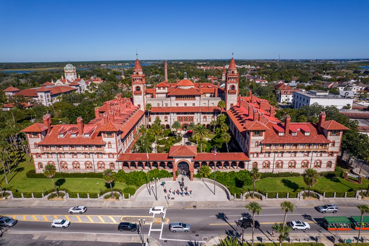 Aerial view of the St. Augustine, the oldest town in USA. Also pictured are the castle of San Marcos National Monument, Flagler College, and the Matanzas Bay