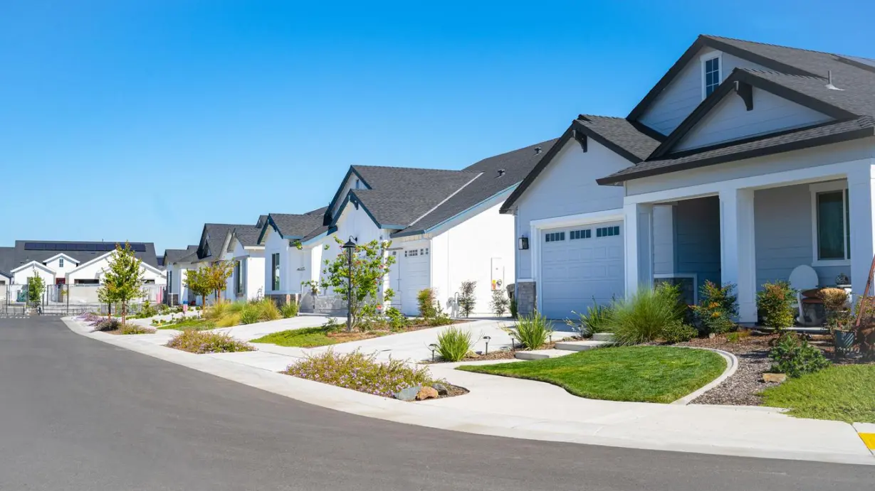 A row of modern suburban homes with manicured lawns and driveways on a sunny day in a quiet residential neighborhood.