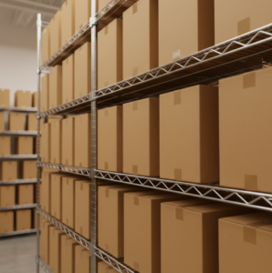 Neatly arranged cardboard boxes stacked on metal wire shelving in a clean, well-lit Florida storage unit for sellers.